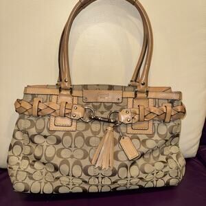 Coach Hampton Signature Jacquard logo satchel in tan braided leather trim